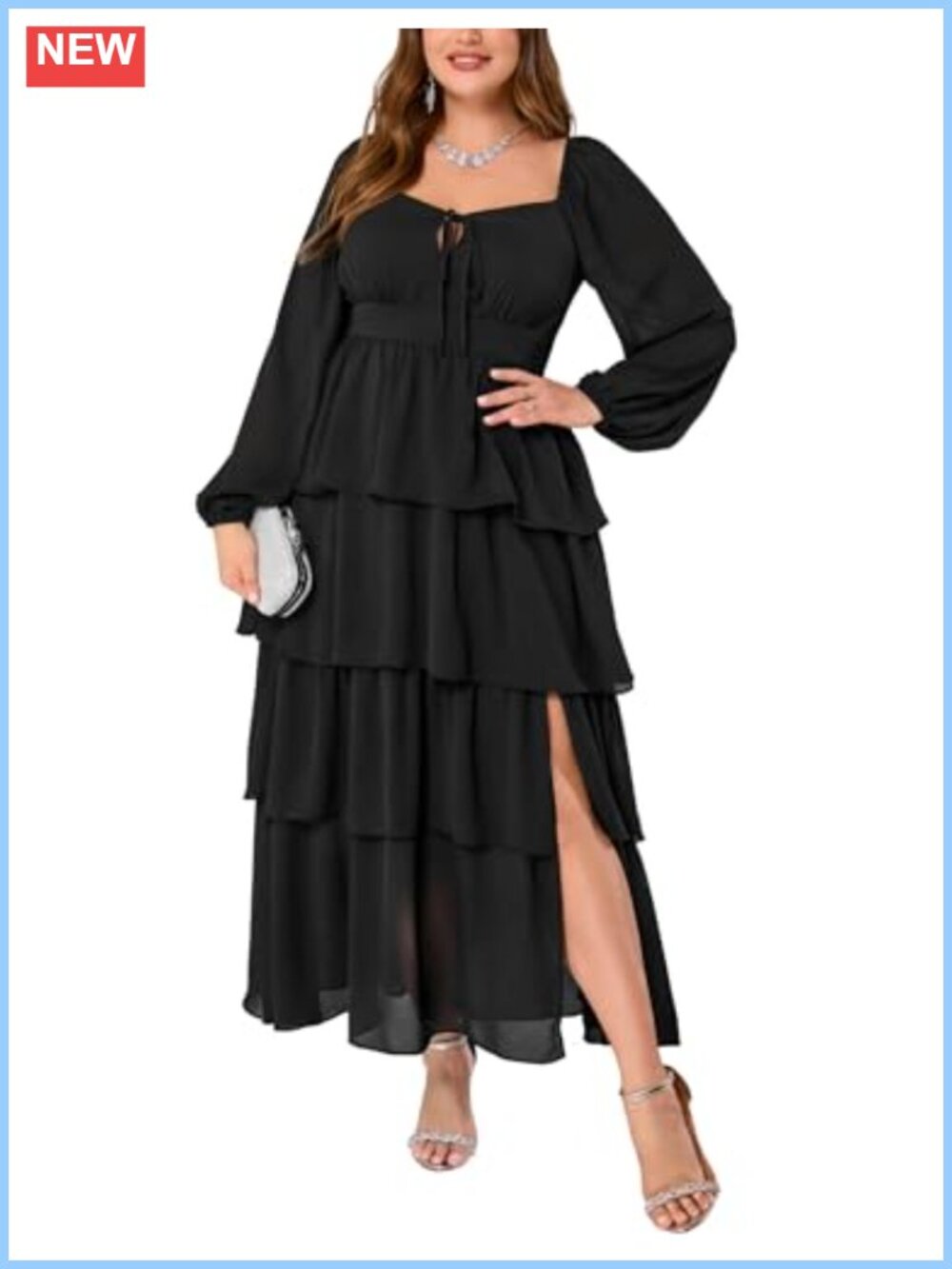 Plus Size Long Sleeve Tiered Semi Formal Wedding Guest Maxi Dress